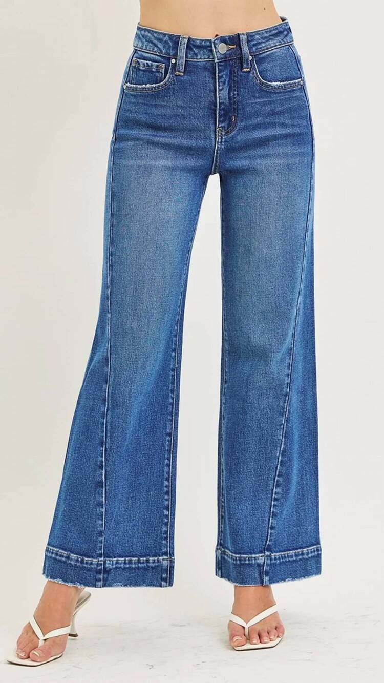 NEW RISEN high rise tummy control wide leg full length jeans in dark wash
